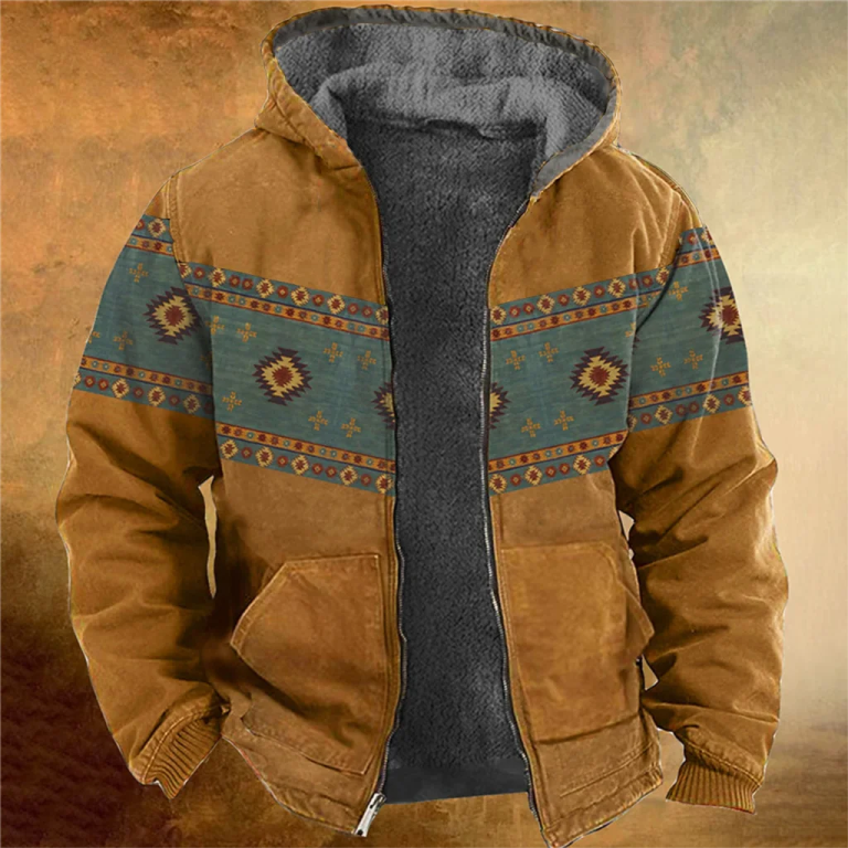 Vintage Fleece Coat Winter Zip-up Hoodies Men Aztec Tribal Graphics Sweatshirts Parka Jackets Clothing Outerwear Street Tops