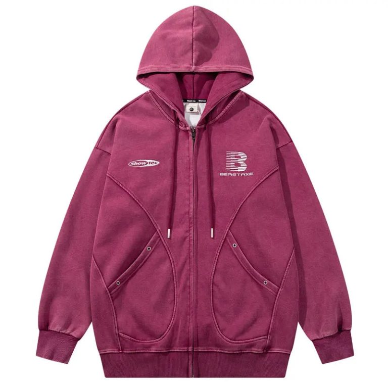 Vintage Oversize Hoodies Jacket Y2K Embroidered Patchwork Full Zip Up Hooded Sweatshirt Hip Hop Harajuku Baggy Washed Streetwear
