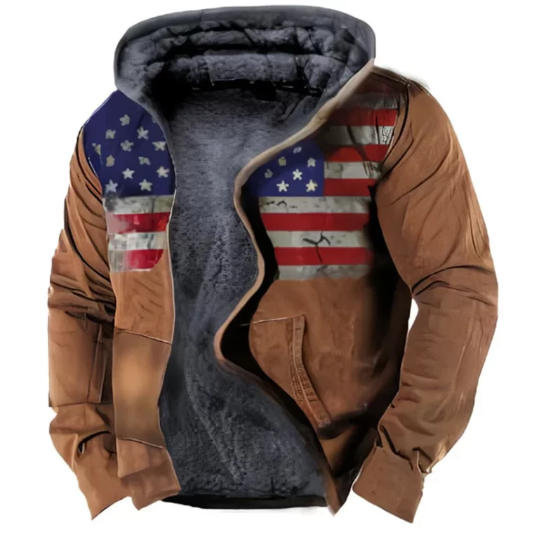 Winter New Zipper Hoodies Men Long Sleeve Fleece Hood Jackets Sweatshirts Claw Marks Flag Print Casual Outerwear Hooded Zip-up